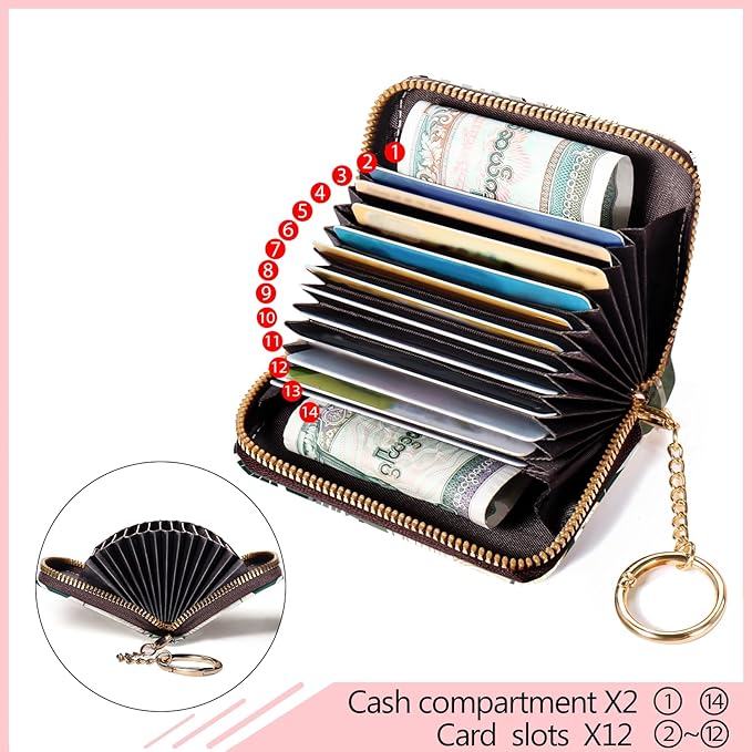 Blusabaca Credit Card Holder for Women, Tropical Leaves Abstract Small RFID Wallet with Zipper, Card Keychain Wallet, Leather Card Case, Business RFID Blocking Accordion Purse Wallet Gift