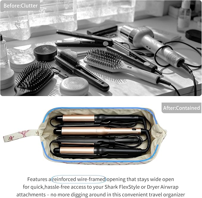 Stratalife Quilted Hair Tools Travel Bag with Polishing Cloth Compatible with Dyson Airwrap Shark Flex Style, Portable Bow Toiletry Bag Hair Dryer Curling Iron Carrying Case Travel Essentials White
