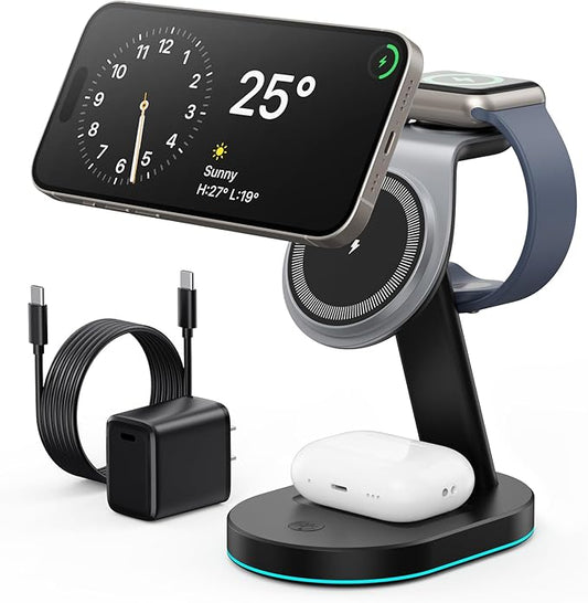 3 in 1 Wireless Charger Charging Station for iPhone,Qi2 Certified 15W Magnetic Charging Stand for Mag-Safe with 30W USB C Adapter&Friendly Night Light for iPhone 17/16/15/14/13/12,Apple Watch,AirPods