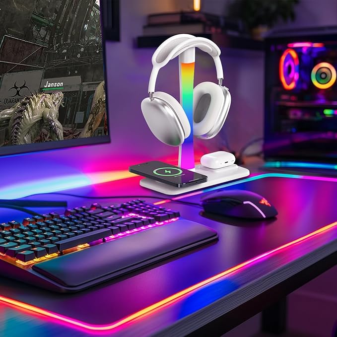 Headphone Stand with Wireless Charger,Gaming Headset Stand with RGB Light Mode,for iPhone17/16/15/14,Gifts for Gamers & Music Lover (White)