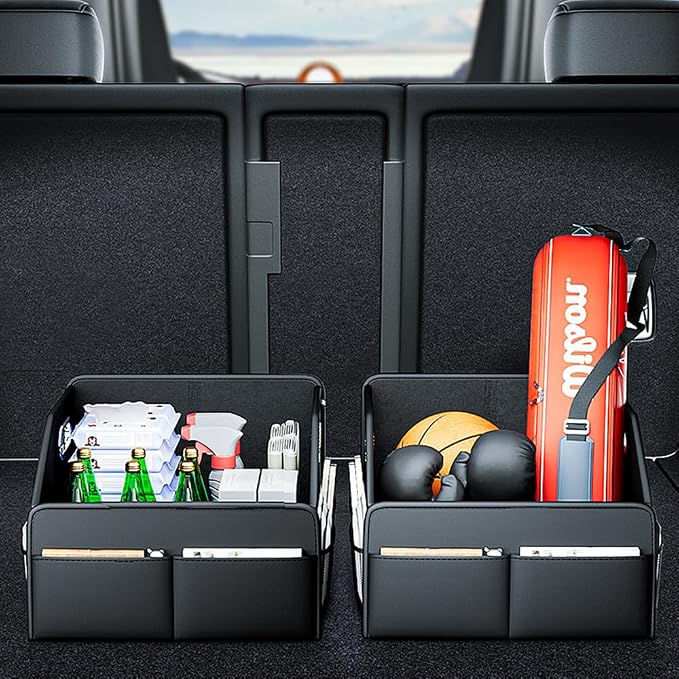 22.5L Leather Material Car Trunk Storage Box Multifunctional Organizer Waterproof and Stain-Resistant Foldable Multi-Compartment Design with Handle for Car Trunk Storage And Office Home Daily Storage