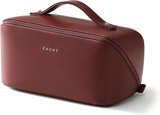 EACHY Travel Makeup Bag, Large Capacity Cosmetic Bag for Women, Waterproof PU Leather, Flat Open Portable Toiletry Bag for Skincare, Brushes & Travel Essentials