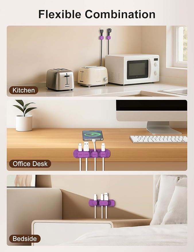 6 Pack Magnetic Cable Clips [1s Open/Lock], Laitver Cord Organizer Holder Strong Adhesive Desk Cable Management- Organize Charging Cords Neatly for Home, Office, Car,Desk, Nightstand-Deep Purple