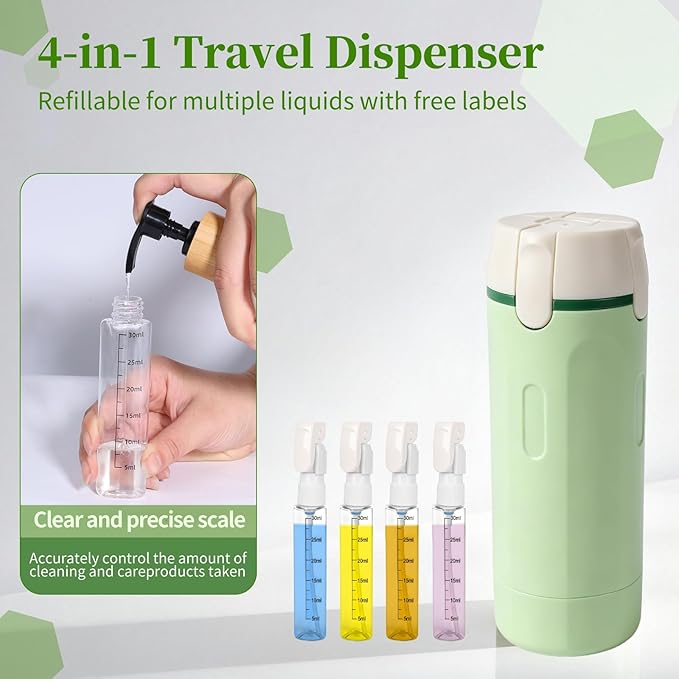 4 in 1 Travel Dispenser, Travel Bottles for Toiletries, Leak Proof Refillable Dispenser Set for Shampoo Conditioner Lotion Cream, Portable Containers for Travel, Camping & Gym (Green)