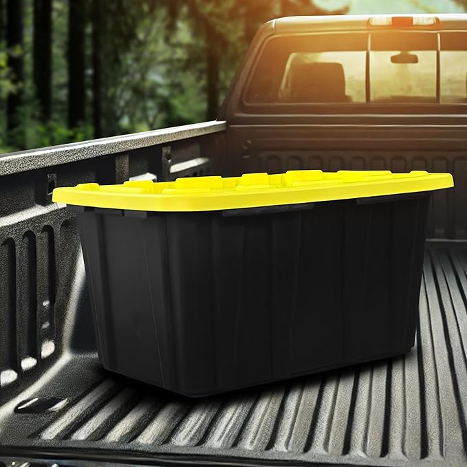 BLACK & YELLOW 27-Gallon Storage Bin with Snap-on Lid, Heavy Duty Plastic Storage Bins with Lid, Stackable, 2 Pack