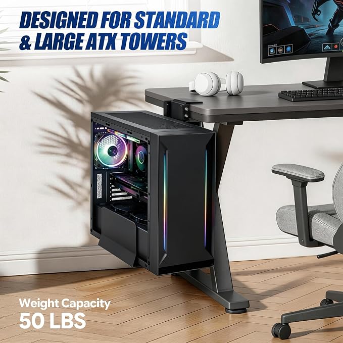 TooCust Adjustable Under Desk PC Mount, Heavy Duty No Drilling Clamp Mount on Desk Fits Most PC Tower 14.5”-22.4” (H) , Thickened & Ultra Strong CPU Holder for Standing Desk & Home Office, Black