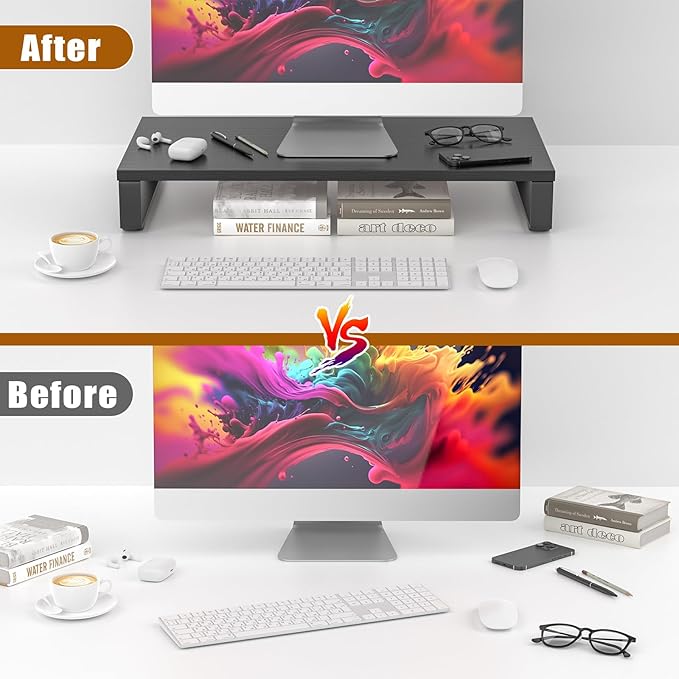 XINYAO Monitor Stand for Desk, Wood & Steel Computer Stand Riser with Storage Organizer for Office Laptop, PC, Printer 24 x 12 x 3.3 inch, Black