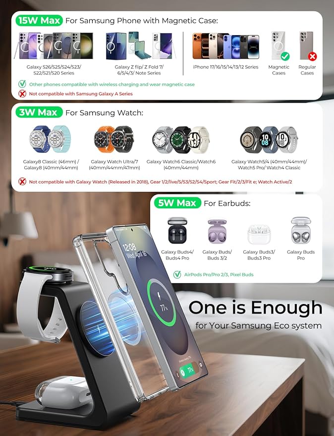 Magnetic Wireless Charger for Samsung, 3 in 1 Mag-Safe Charging Station for Galaxy Watch Ultra/8/7/6, Galaxy Watch Charger, Mag-Safe Charger for S26 Ultra S25 S24 S23 S22/ Z Fold7/ Flip7, Galaxy Buds