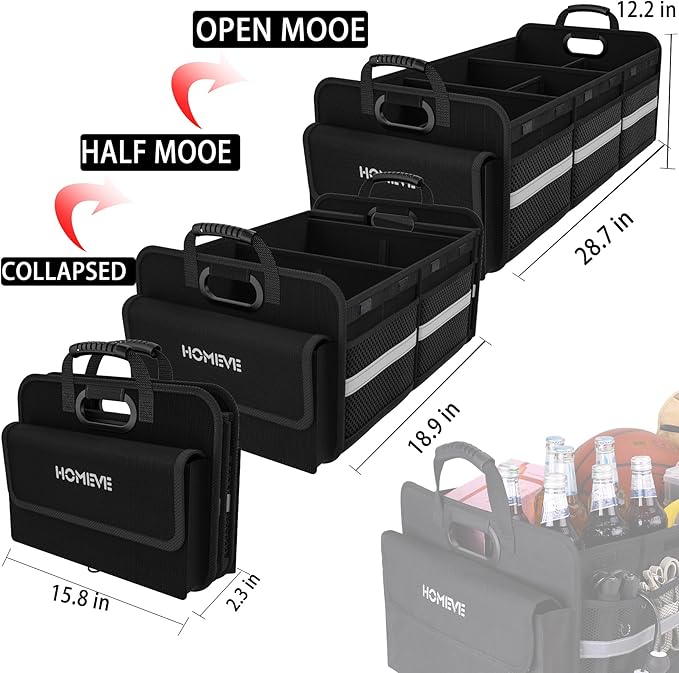 Homeve Trunk Organizer, Car Storage, Reinforced Handles, Collapsible Multi-Compartment, Foldable, Waterproof, Sturdy, 600D Oxford Polyester For Car, SUV, Mini-Van, Black, 3 Compart