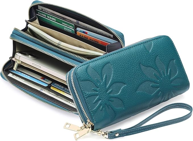 GOIACII Women's Wallet Large Capacity Double Zip Ladies Card Phone Holder RFID Blocking Wristlet Leather