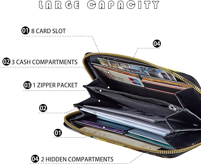Women's RFID Blocking Zip Around Wallet with Detachable Wrist Strap, Large Capacity Credit Card Holder Organizer for Everyday Use,Sunflower Butterfly