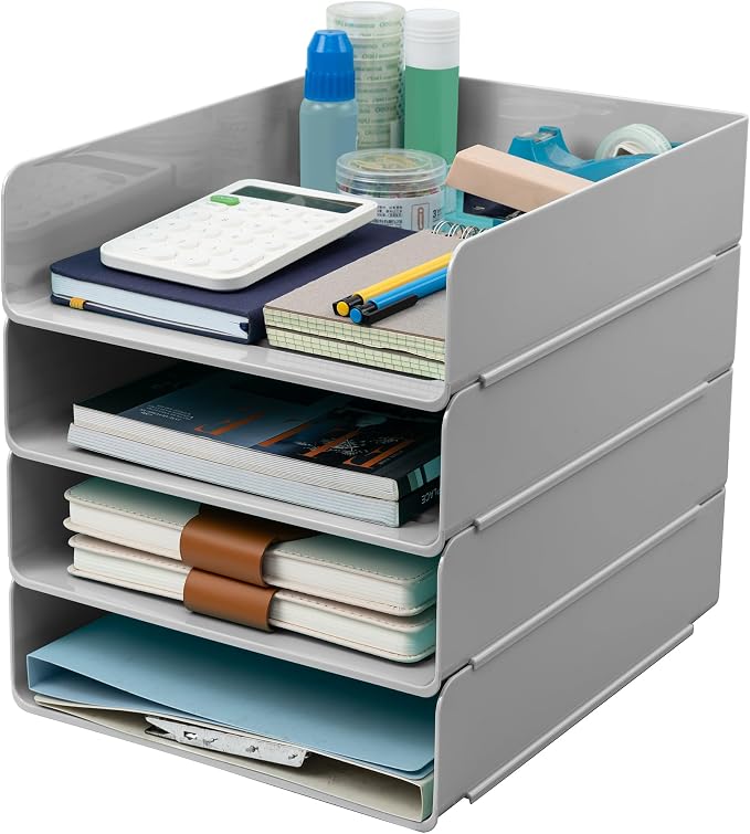 Tiawudi Desk Organizer, Office Organization and Storage, Plastic Letter Tray, Stackable File Organizer for Classroom, Home, Documents, Notes, Folders, Books and Pens, 4 Tier