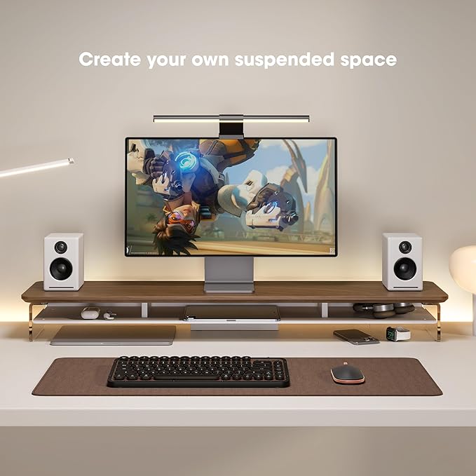 Fenge Acrylic Monitor Stand, 42.5 Inch Clear Dual Monitor Riser with Metal Storage, 2 Tier Computer Riser with LED Lights for Desk, Laptop, Printer, TV