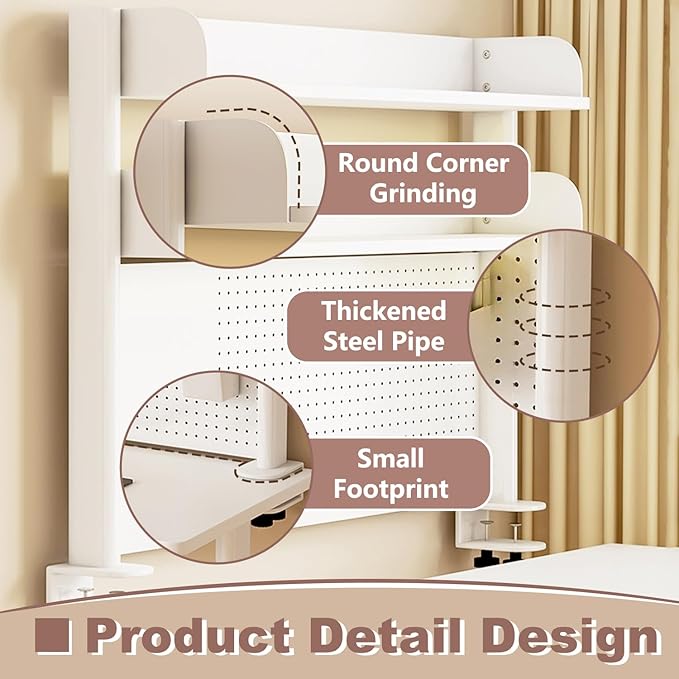 Clamp On Desk Organizer Shelf,White Desk Extender Pegboard Workstation,Computer Desk Accessories for Office, Desktop Shelving System,Desktop Bookshelf Storage Shelves for Desk,31.5in