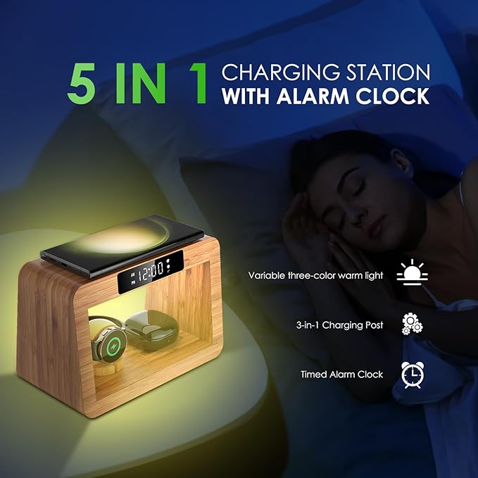 Bamboo Wireless Charger Station for Samsug Galaxy, for Samsun High Speed Charging Station, Wireless Phone Charger Station, Wireless Charger for Samsun Watch (with Alarm Clock for Samsung)