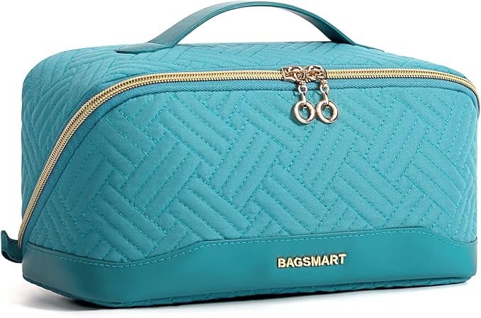 BAGSMART Makeup Bag Cosmetic Bag, Travel Makeup Bag,Water-resistent Makeup Bags for Women Portable Pouch Open Flat Make Up Organizer Bag for Toiletries, Brushes, Teal