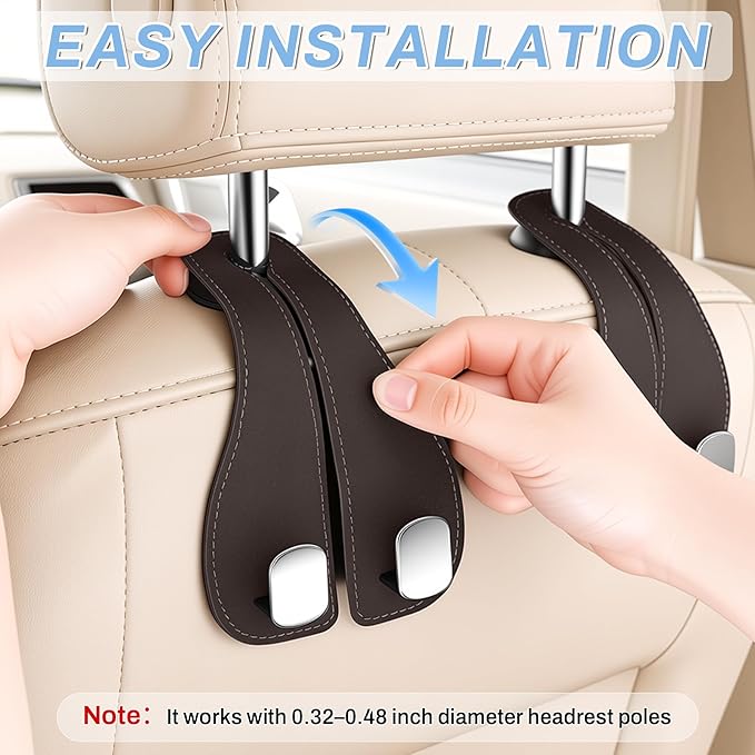SINGARO 2PCS Car Purse Holder Hook, Seat Back Storage Hook, Leather-Wrapped Alloy Double Headrest Hook for Purses & Bags, Cute Car Interior Accessories for Women and Men, Brown