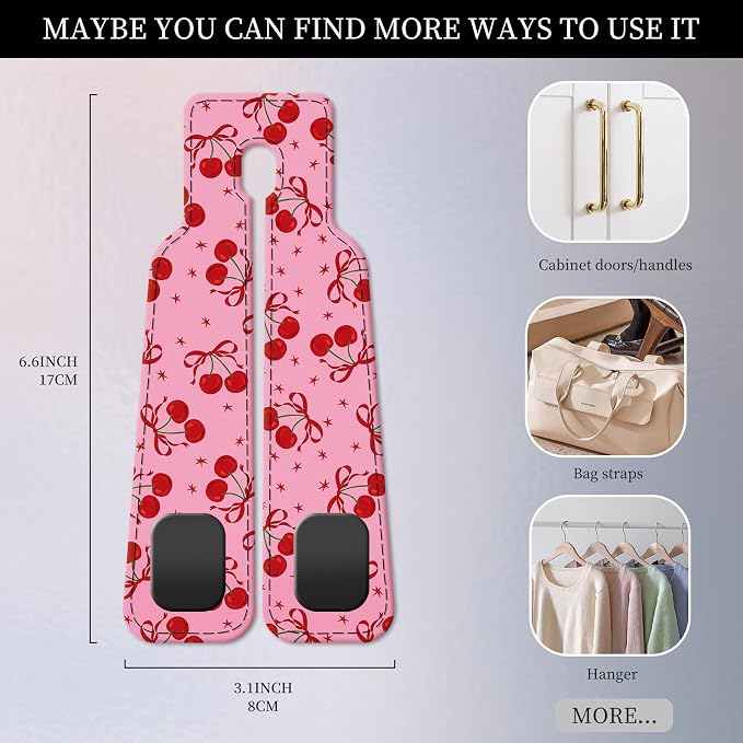 PU Leather Car Seat Hook, Storage Headrest Hanger, Cute Car Backseat Organizer, Car Hooks For Purses and Bags Pink Cherry Print