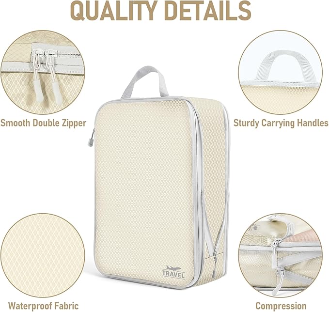 6 Set Compression Packing Cubes, Suitcase Organizer, Lightweight Travel Essentials, Compression Bags For Travel Accessories Luggage Storage Set (6Pcs, Beige)