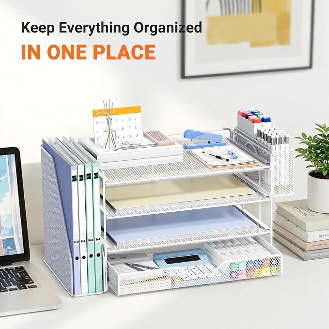 OPNICE 4-Tier Desk Organizer and Accessories, Desktop File Organizer with Drawer, Pen Holder and File Holder, Paper Letter Tray Organizer, Office Desk Accessories for Home Office Supplies, White