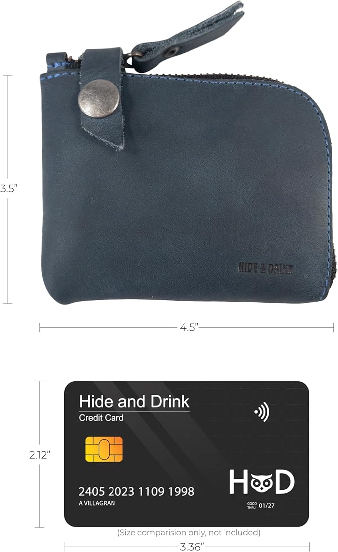 Hide & Drink, Zippered Wallet, Holds Up to 6 Cards Plus Folded Bills, Pouch Organizer, Cash Holder, Travel Essentials, Mini, Pocket-Size, Full Grain Leather, Handmade, Slate Blue