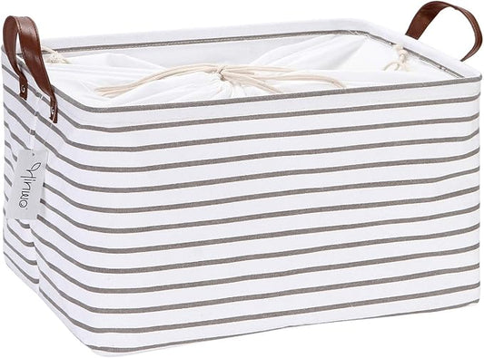 Hinwo 31L Large Storage Bins, Closet Organizers and Storage, Shelf Baskets, Foldable Clothes Storage Baskets with Handles, Containers for Clothing, Blanket, Towels, Toys, Bedding (Gray Stripe)