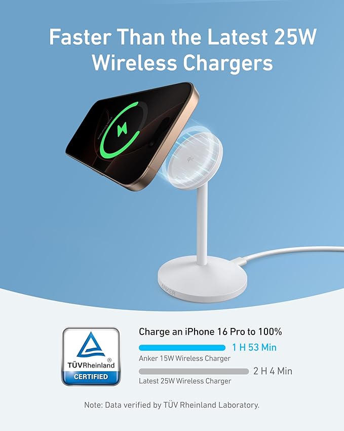 Anker MagGo iPhone 17 MagSafe Charger Compatible Stand, 15W Fast Magnetic Wireless Charging Station, Qi2 Certified 360° Wireless Charger (White, with Cable)