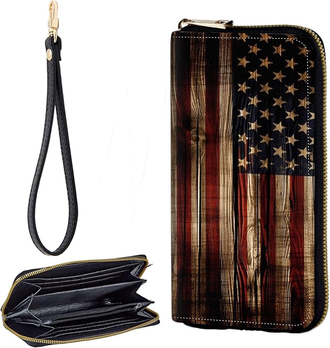 Zip Around Wallets for Women with Detachable Wrist Strap, Large Capacity RFID Blocking Leather Purse Organizer Card Holder Wristlet,American Flag on Wood