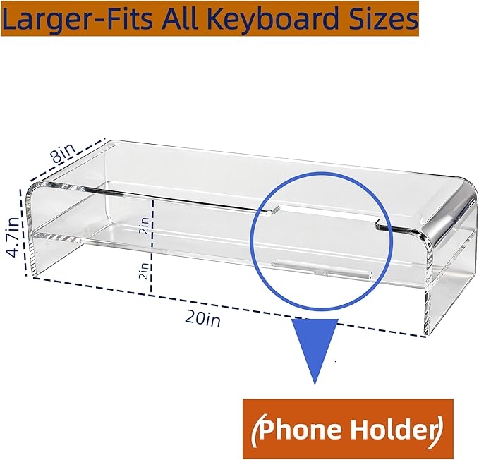 Larger Acrylic Monitor Stand - 20 inch 2 Tier Riser for iMac, PC, Desktop, Laptop, TV with Storage Shelf, Home Office Desk Organizer (20in with phone holder)