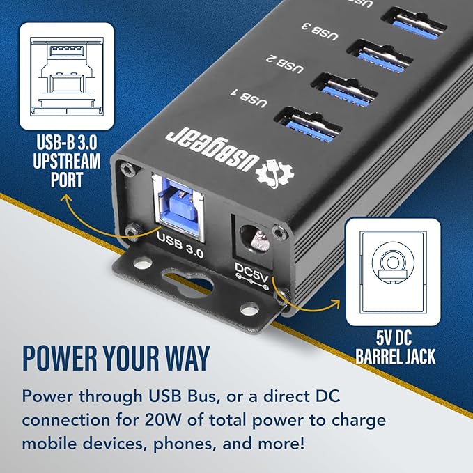 USBGear 7-Port USB Hub 3.2 Gen 1 – Mountable SuperSpeed Data Hub with USB Ports for Laptop, PC, Desktop, and More, 5V/4A Power Adapter with Type-A to Type-B Cable (3ft), Computer Accessories