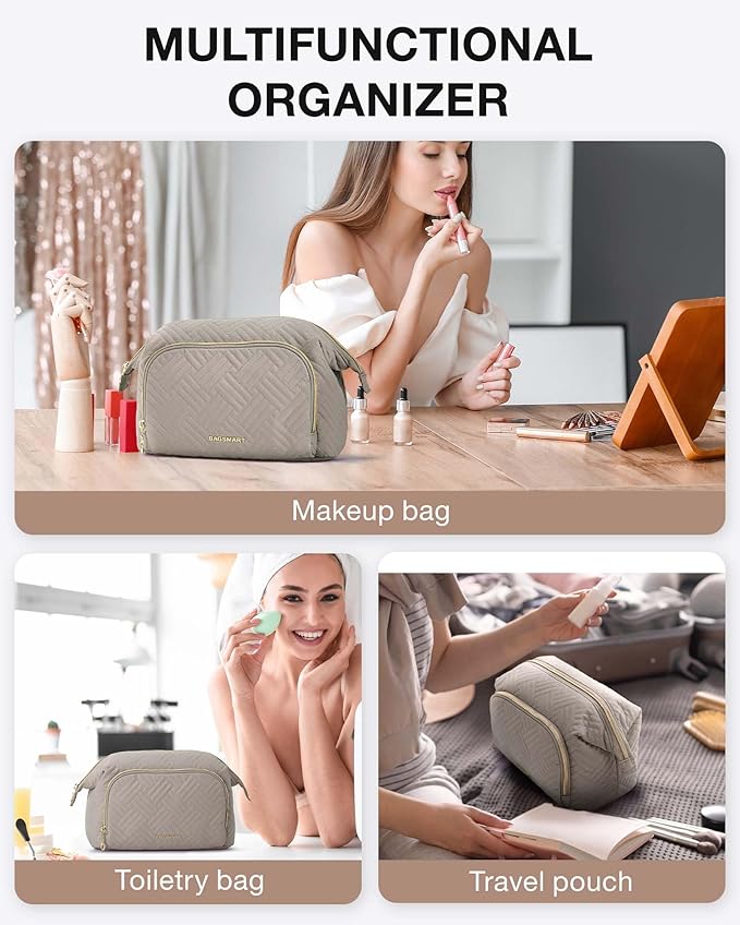 BAGSMART Travel Makeup Bag, Cosmetic Bag Small Make Up Organizer Case,Wide-open Pouch for Women Purse for Toiletries Accessories Brushes,Large Tranquil Gray