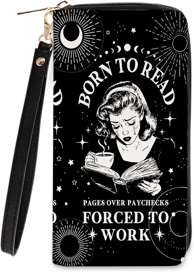 Book Lovers Gift for Womens Wallet - Slim PU Leather "BORN TO READ" Gothic Reader Wallet for Women with Zipper, Credit Card Holder Wallets, Wristlet Wallets for Female Girls Birthday(Reading Gift)