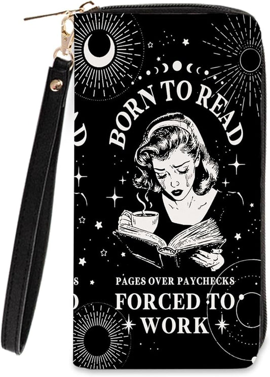 Book Lovers Gift for Womens Wallet - Slim PU Leather "BORN TO READ" Gothic Reader Wallet for Women with Zipper, Credit Card Holder Wallets, Wristlet Wallets for Female Girls Birthday(Reading Gift)