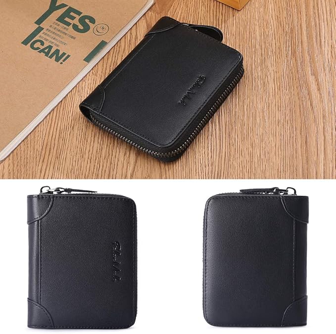 FALAN MULE Wallets For Men Genuine Leather Short RFID Blocking Zip-around Bifold Wallet（Black）