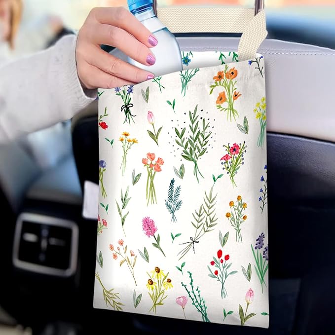 IRADA Car Trash Bag Hanging No Snap Small Garbage Bag for Car Back Seat Cute Printed One-Handed Strap Trash Bags Car Accessories-Wildflowers-White Car Trash Bags