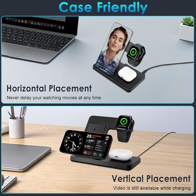 3 in 1 Charging Station for Multi Devices, Wireless Charger for iPhone 8-16 Series & Apple Watch, Wireless Charging Station for AirPods Pro/4/3/2