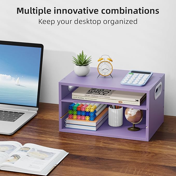 Marbrasse 3 Tier Wood Desk Organizer, Paper Letter Tray Organizer for Desk，Wooden Desktop File Organizer with Handle and Paper Sorter Mail Holder for Office School & Home Supplies Organization-Purple