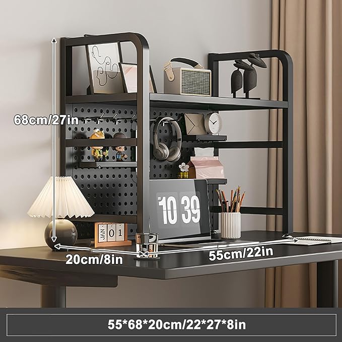 Standing Desk Shelf Desk Shelf Organizer, Countertop Hutch Bookcase Organizer, Desktop Bookcase Bookshelf Desk Hutch, Home Decor, Load Bearing Capacity 50 kg/110 lbs(Black,55*68*20cm/22*27*8in)