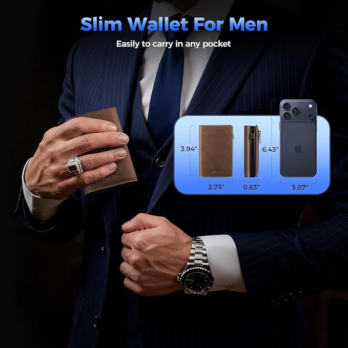 Mens Slim Minimalist Wallet Card Holder with Coin Pocket, Cash Slot, Magnetic Closure, Pop Up Aluminum Case, ID Window, Leather Wallet, RFID Blocking, 9-13 Card Capacity, Crazy Horse Brown