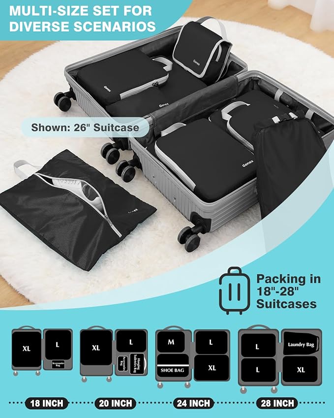 Gonex 10 Set Compression Packing Cubes, Expandable Storage Travel Bags for Suitcase, Luggage Organizers with Hanging Toiletry Bag Laundry Bag Shoe Bag Accessories Bag (Black)