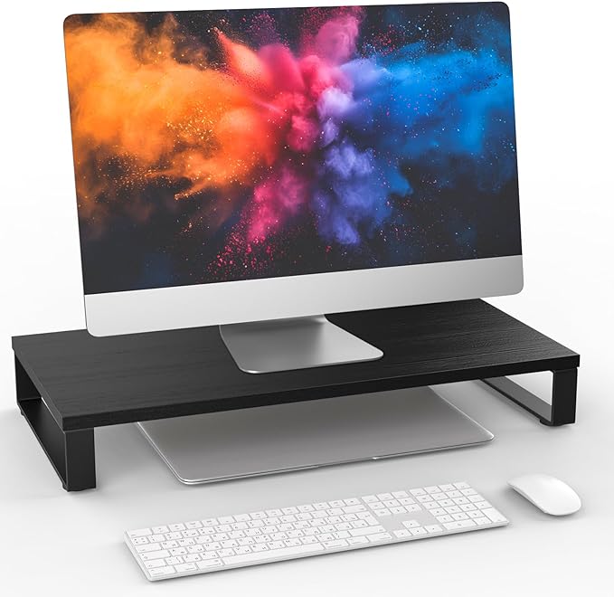 XINYAO Monitor Stand for Desk, Wood & Steel Computer Stand Riser with Storage Organizer for Office Laptop, PC, Printer 24 x 12 x 3.3 inch, Black