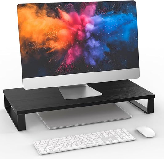 XINYAO Monitor Stand for Desk, Wood & Steel Computer Stand Riser with Storage Organizer for Office Laptop, PC, Printer 24 x 12 x 3.3 inch, Black