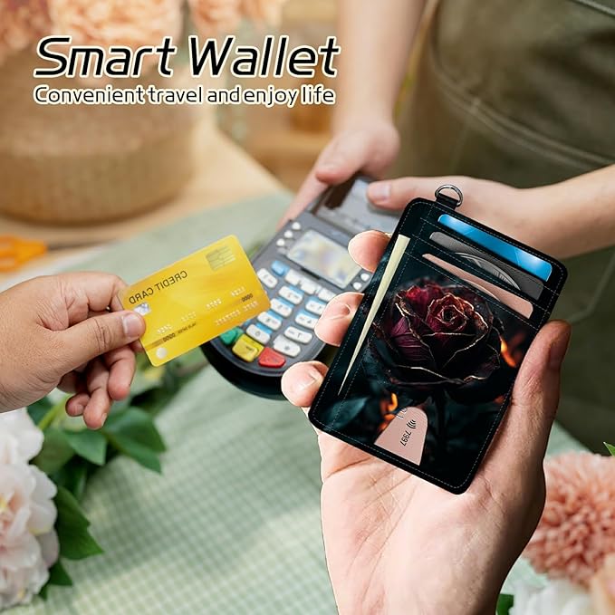 Small Travel Wallets, Burning Rose Slim Minimalist Front Pocket Wallet with Wristlet, RFID Blocking PU Leather Credit Card Holder with ID Window Change Purse for Men Women