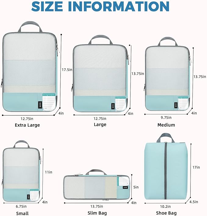 BAGAIL 6 Set Lightweight Compression Packing Cubes with Packing List, Anti-Tearing Expandable Organizer Bags for Travel, Dusty Blue