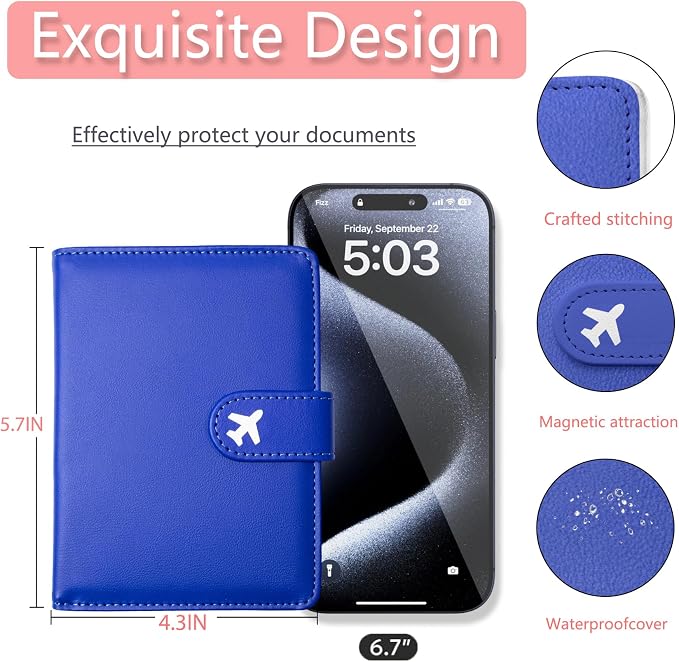 Passport Holder, Travel Wallet Cover with Pen Loop | Cute RFID Blocking Leather Case with Magnetic Closure for Travel Essentials-Blue