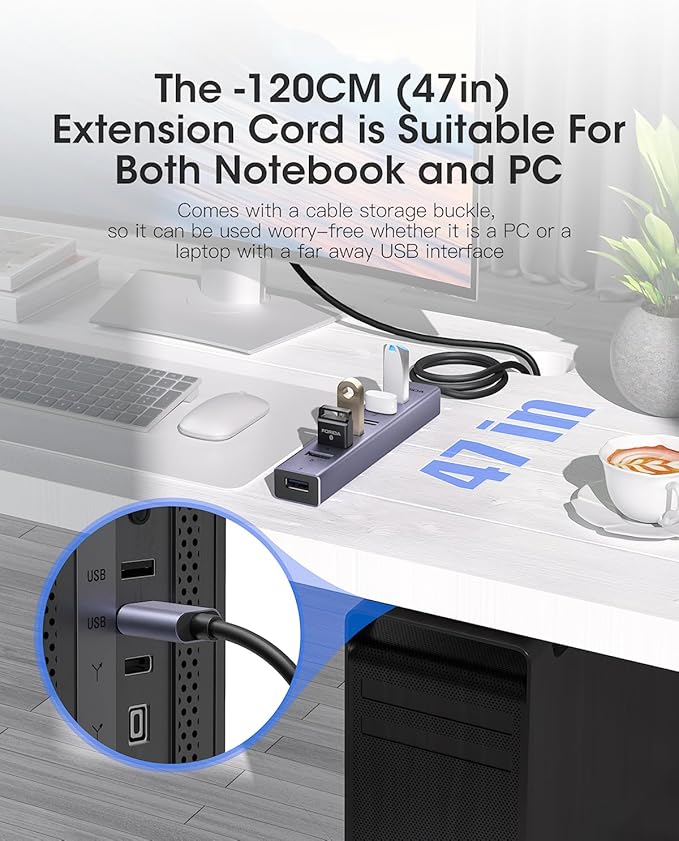 FORIDA Aluminum Alloy 8 Port USB Hub Long Cable USB Splitter with 7-USB3.0 Data Ports and TypeC 5V/3A Power Port Compatible with MacBook, Laptop,Surface Pro, PS5, PC and More (Gray, USB A-47in)
