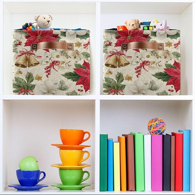 Aslsiy Storage Basket Christmas Botanical Plants Flowers Bells Nursery Bins Baby Canvas Box Clothes Shelf Basket Laundry Hampers 2 Pcs