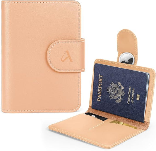 ALLIVE Genuine Leather Passport Holder, Rfid Passport Holder for Travel with AirTag Hidden, Passport Cover Wallet Travel Must Haves Airport Essentials, Passport Cover Travel Gifts (Beige)