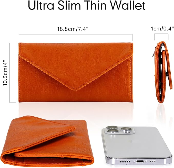 RFID Slim Wallet for Women Thin Card Holder Travel Trifold Clutch Ladies Long Billfold, 2 ID Windows, Orange