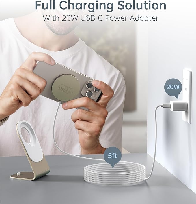 Magnetic Wireless Charger for iPhone 17/16/15/14/13/12 - Mag Charger+20W USB C Adapter, Fast Wireless Charging Stand/Pad with 5ft Cable for iPhone 17/16/15/14/13/12 Pro Max Plus Mini 17 Air, Gold